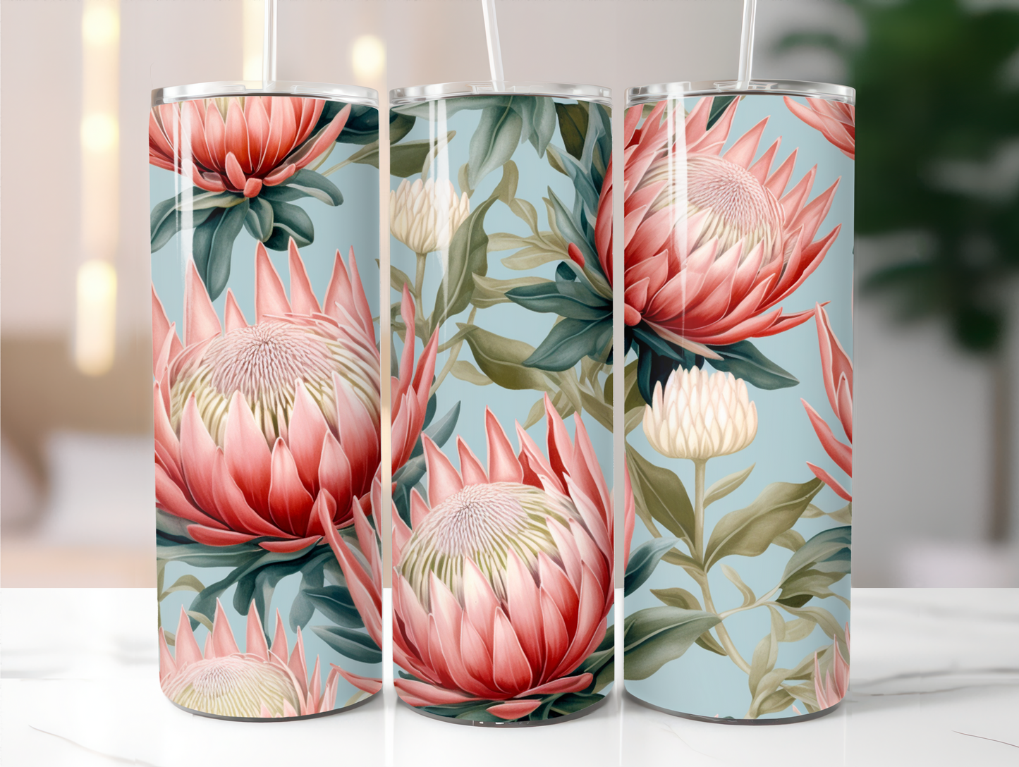 Protea blue background 20oz Tumbler