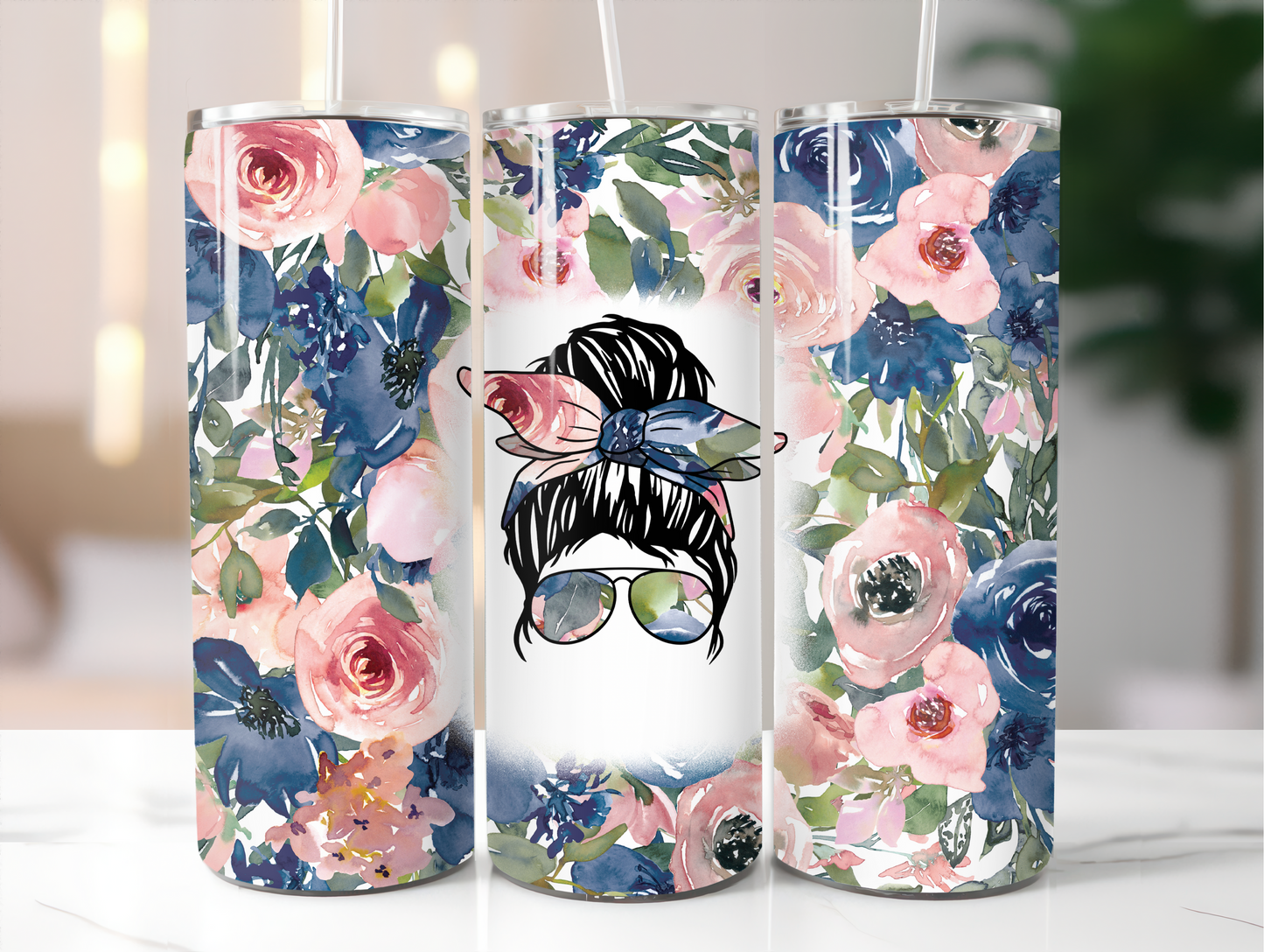 Messy bun Floral 20oz Tumbler