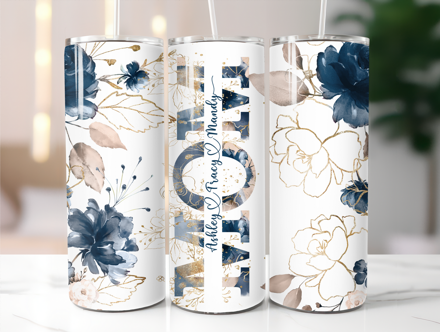 Mom Navy blue floral Add your name 20oz Tumbler