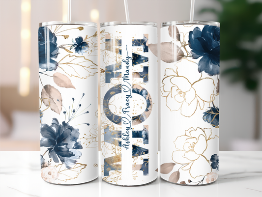Mom Navy blue floral Add your name 20oz Tumbler