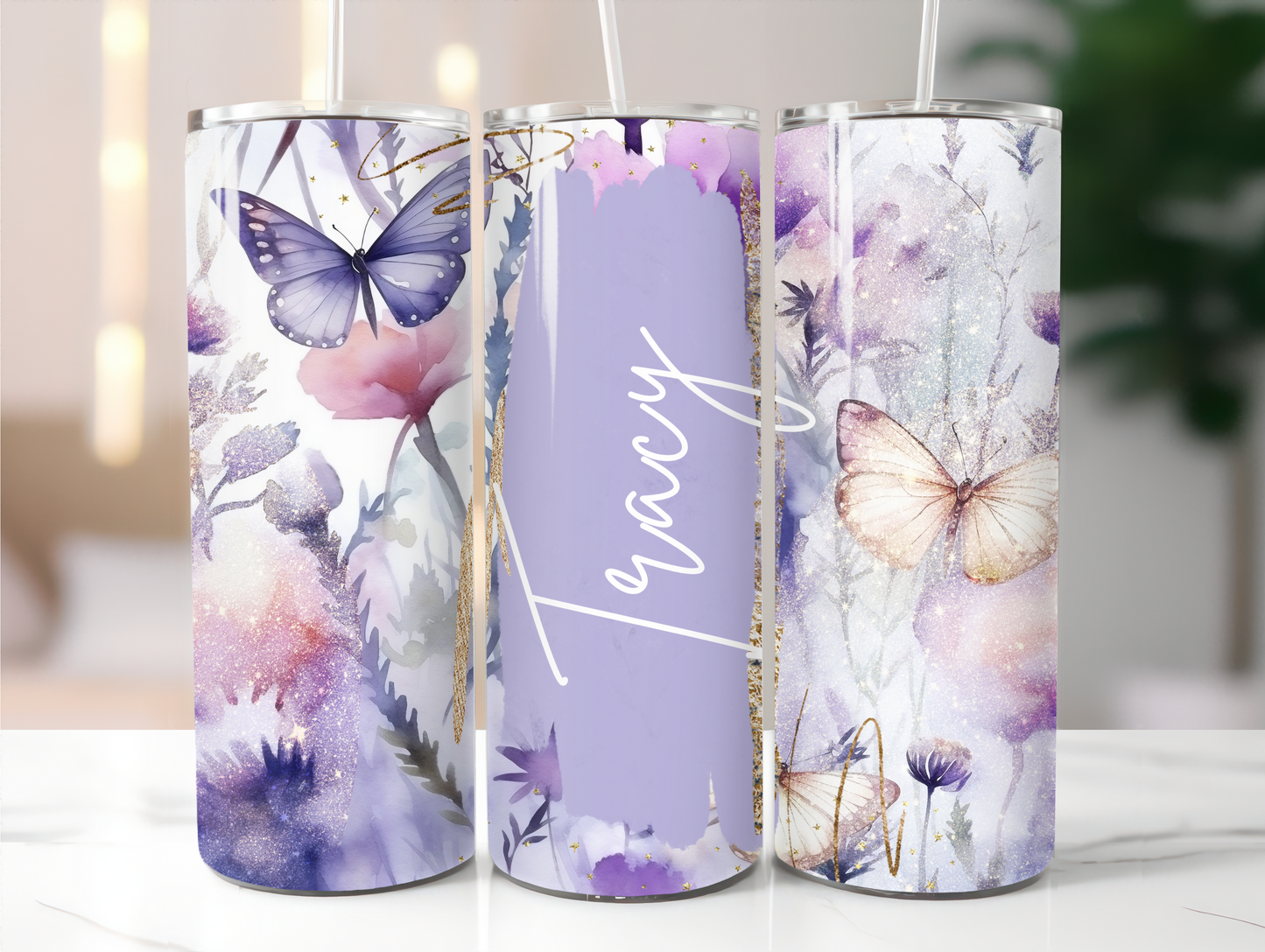 Purple butterfly Add your name 20oz Tumbler